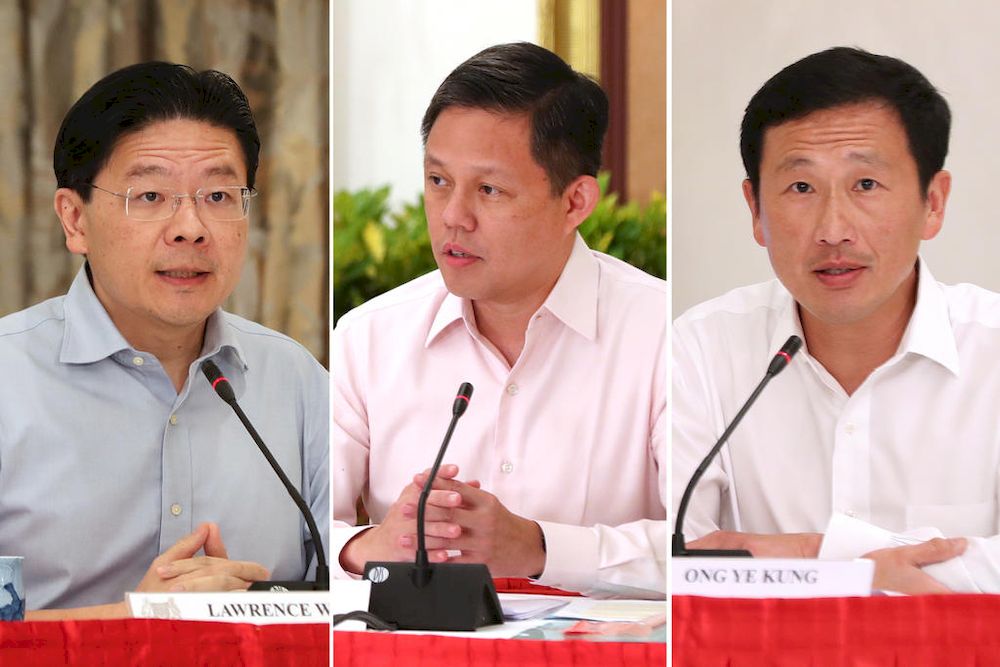 From left: Education Minister Lawrence Wong, Trade and Industry Minister Chan Chun Sing and Transport Minister Ong Ye Kung. u00e2u20acu201d Singapore Ministry of Communications and Information pic via TODAY