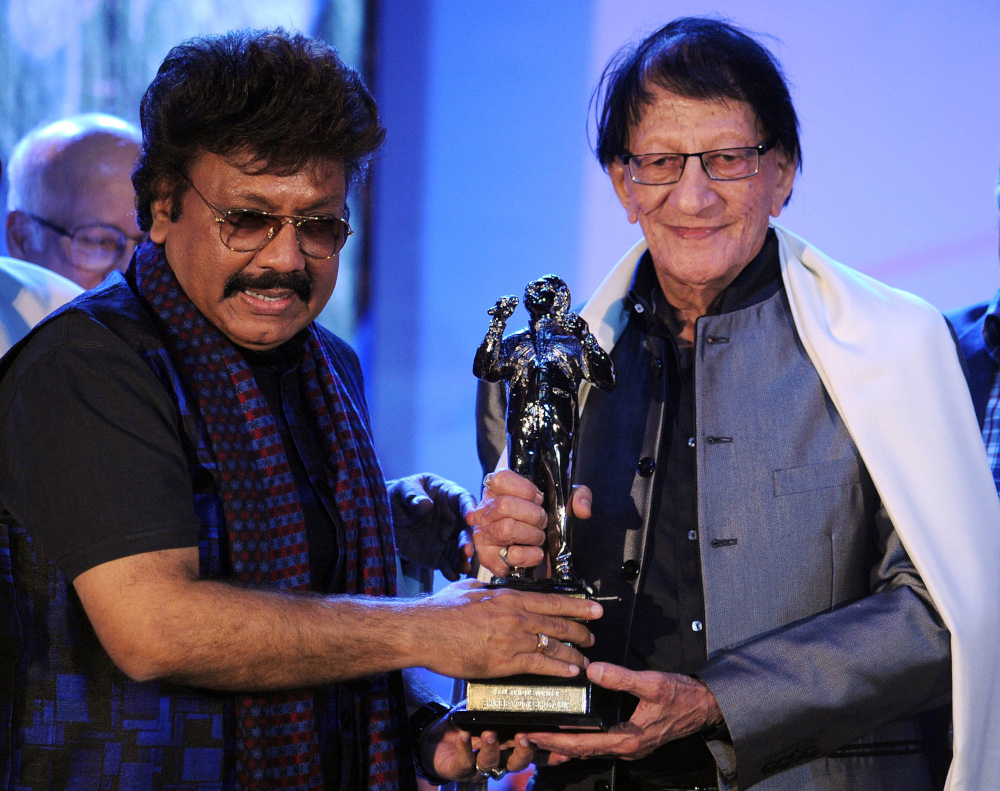 In this file photo taken February 29, 2016 Bollywood music director/composer Shravan Rathod (left) and writer/lyricist Yogesh Gaur pose for a photograph during the Ravindra Jain Academy Awards ceremony in Mumbai. u00e2u20acu201d AFP pic 
