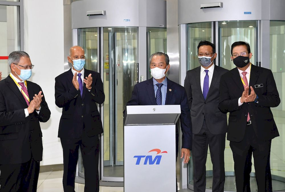 Prime Minister Tan Sri Muhyiddin Yassin launching the Telekom Malaysia (TM) Cyber Security and Cloud Services for the Malaysian Government at TM Complex, Cyberjaya April 12, 2021. u00e2u20acu201d Bernama pic