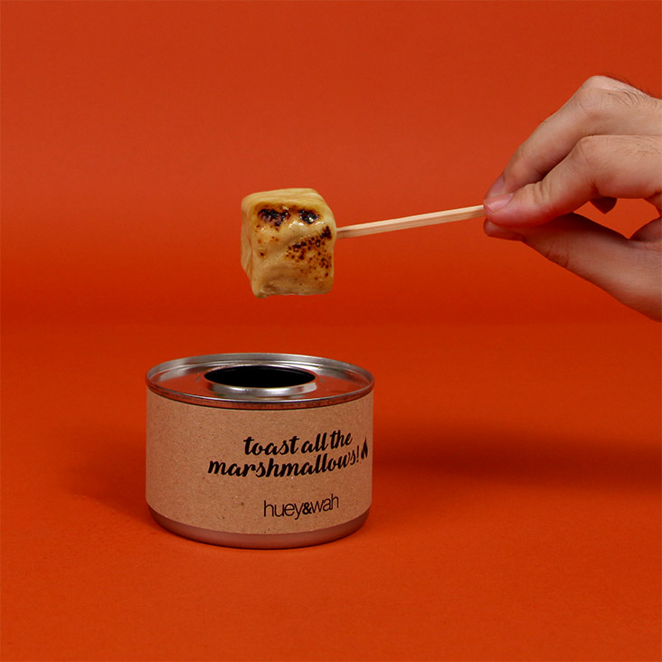 Spark some fun at home by toasting these Huey & Wah pandan 'gula Melaka' marshmallows.