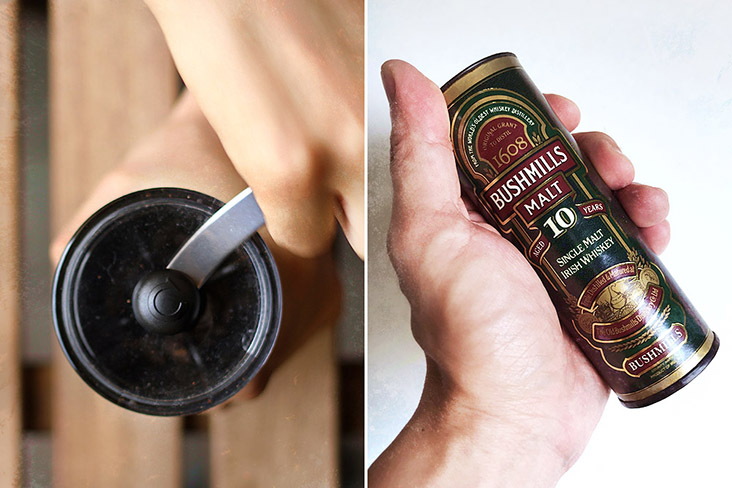Grinding coffee beans for filter coffee instead of espresso (left) and a dash of whiskey (right).