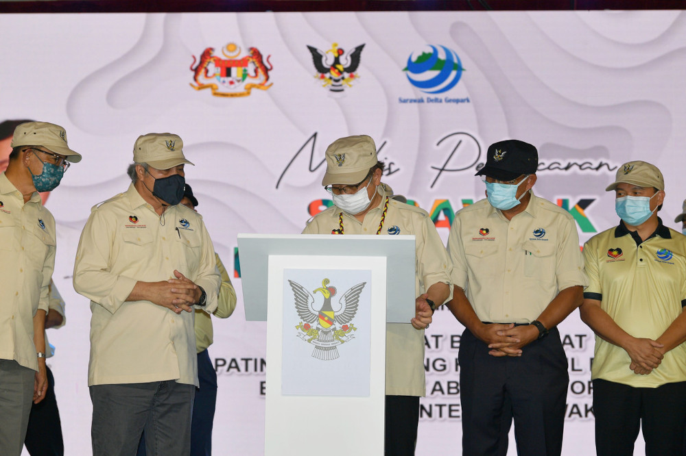 Sarawak Chief Minister Datuk Abang Johari Openg launching the SDGp at the Sarawak Cultural Village, April 9, 2021. u00e2u20acu201d Bernama pic 