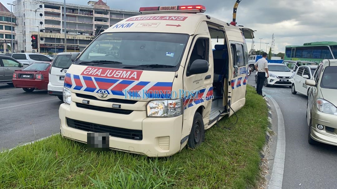 The ambulance that was involved in an accident at the traffic lights intersection of Jalan Datuk Marican Salleh yesterday. u00e2u20acu2022 Borneo Post pic