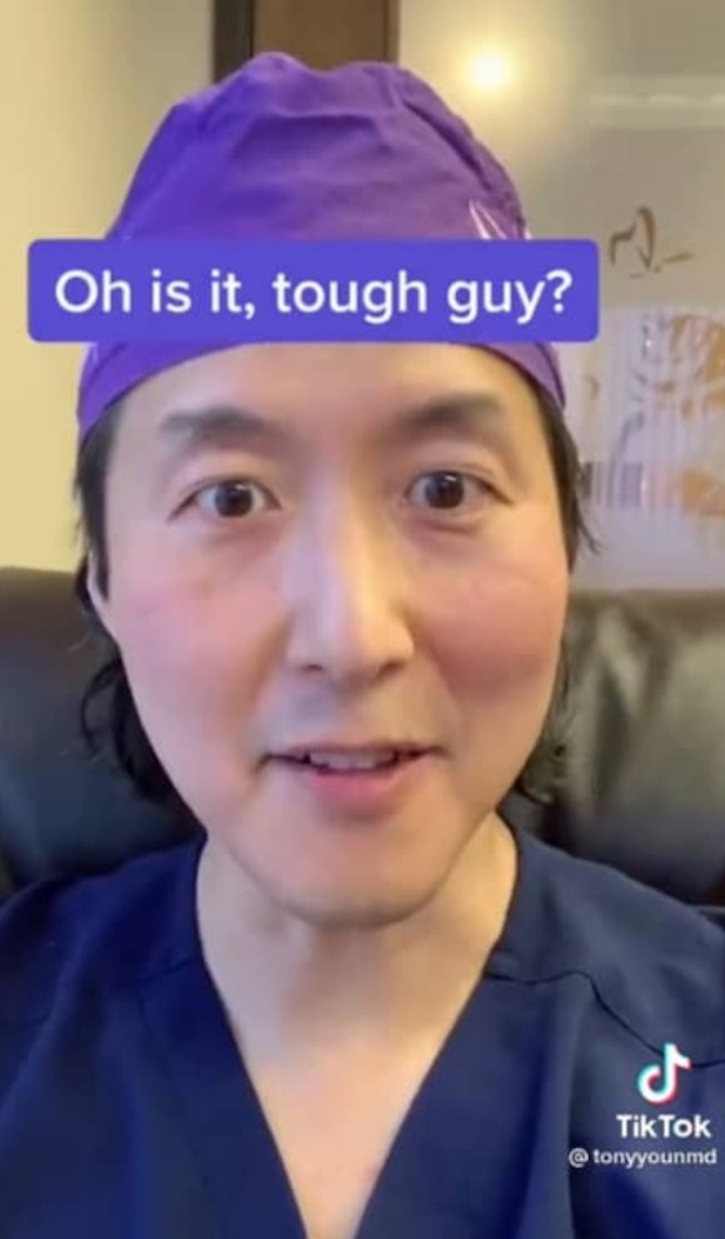 US plastic surgeon Dr Anthony Youn has gone viral for suggesting men should get themselves kicked 20 times at the groin area if they believed that is worse than childbirth. u00e2u20acu201d Screenshot from TikTok/ tonyyounmd 