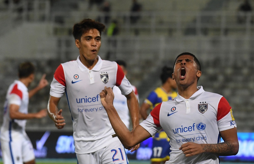 JDTu00e2u20acu2122s Bergson Da Silva (right) celebrates after scoring a goal against Sri Pahang FC in Kuantan April 16, 2021. u00e2u20acu2022 Bernama pic
