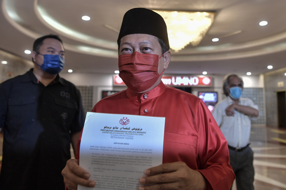 Umno secretary-general Datuk Seri Ahmad Maslan is seen after the partyu00e2u20acu2122s Umno Supreme Council meeting at PWTC in Kuala Lumpur April 25, 2021. u00e2u20acu201d Bernama pic