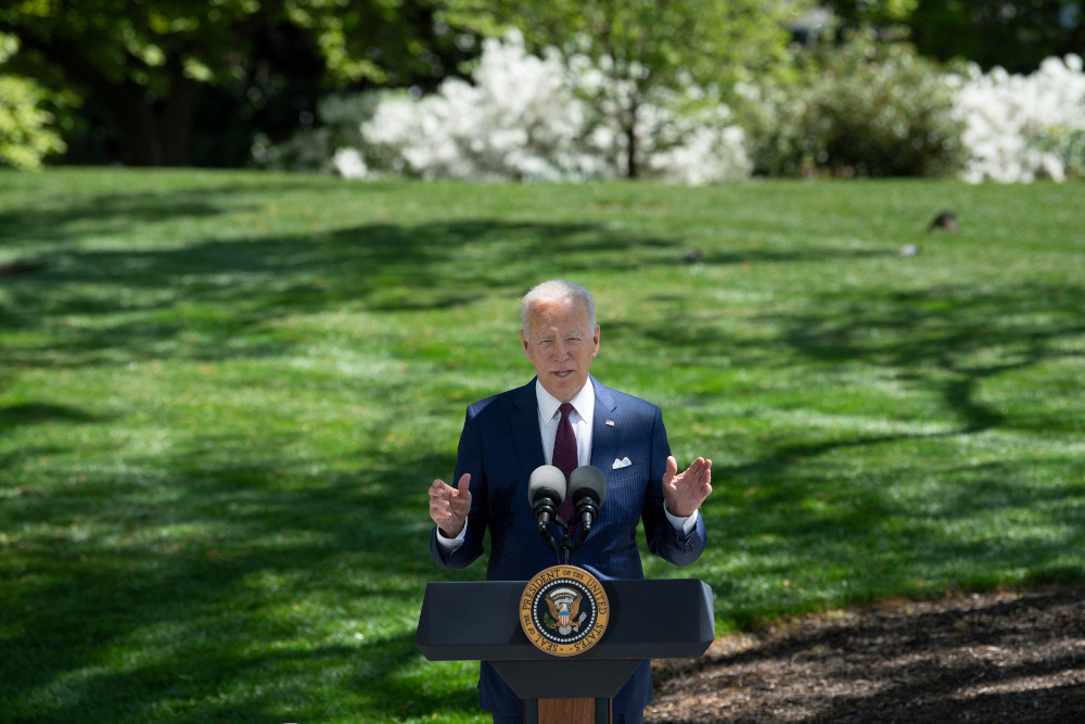 US President Joe Biden speaks about updated CDC guidance on masks for people who are fully vaccinated during an event in front of the White House April 27, 2021, in Washington, DC. u00e2u20acu201d AFP picnn