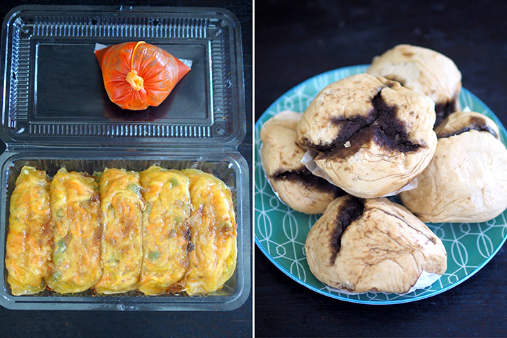The 'chai kuih' is neatly packed in a box (left). The 'pao' is packed in a plastic bag so separate them to steam (right)