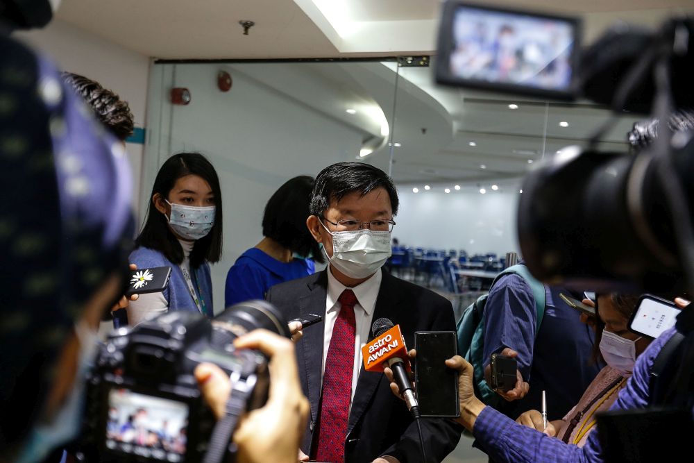 Penang Chief Minister Chow Kon Yeow speaks to reporters after attending an MoU signing ceremony between Angkasa X, Universiti Sains Malaysia and Digital Penang at Komtar, George Town April 20, 2021. u00e2u20acu201d Picture by Sayuti Zainudin