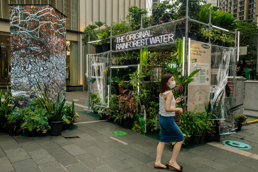 A rainforest-themed station at Pavilion Kuala Lumpur, a collaboration between Spritzer and Pavilion Kuala Lumpur in conjunction with World Earth Day, April 22, 2021. u00e2u20acu201d Picture by Firdaus Latif