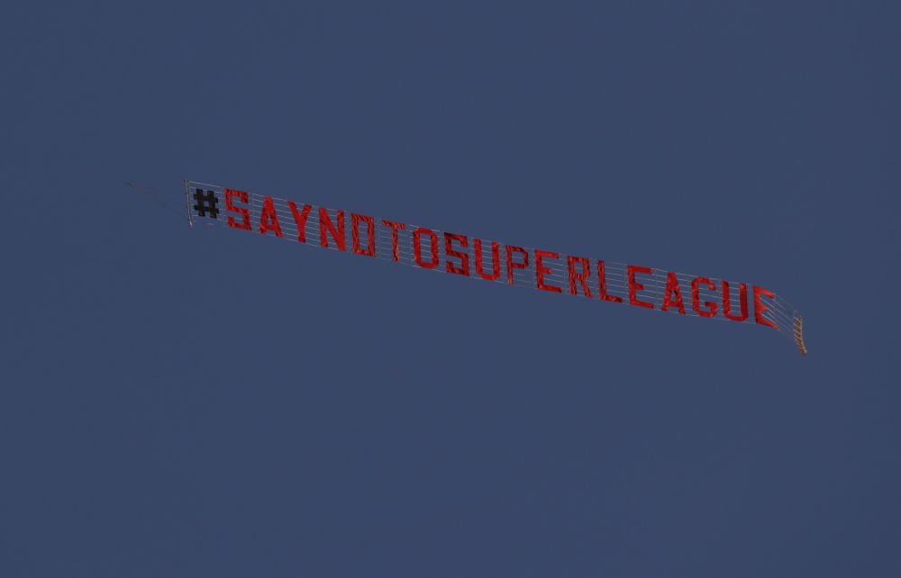 A message of #SayNoToSuperLeague flies over Elland Road before the match between Leeds United and Liverpool as fans protest the planned European Super League April 19, 2021. u00e2u20acu201d Reuters pic