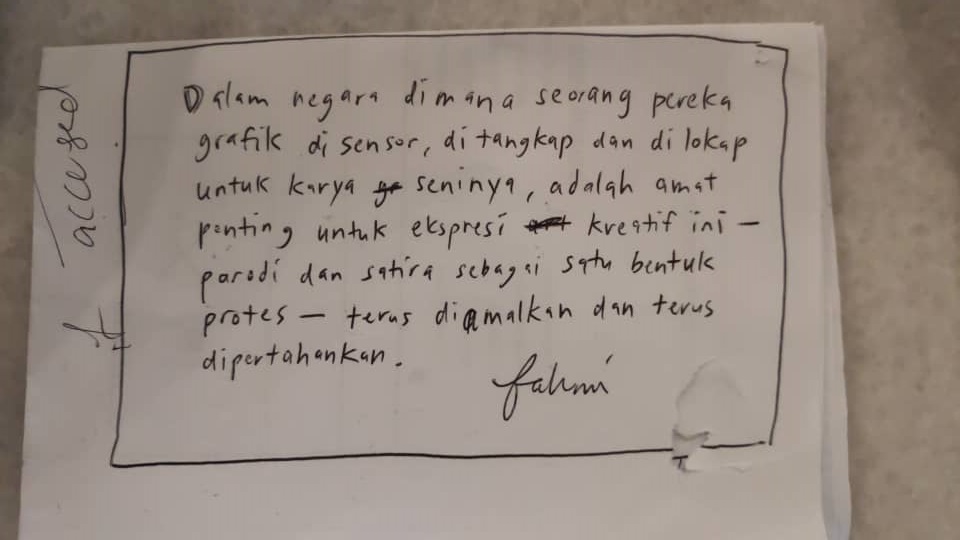 A screenshot of Fahmi Reza’s handwritten note. ― Picture courtesy of Rajsurian Pillai