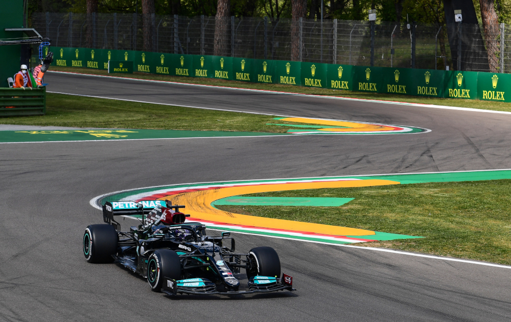 Mercedes driver Lewis Hamilton drives during a practice session at the Autodromo Internazionale Enzo e Dino Ferrari race track in Imola, Italy, April 16, 2021, two days ahead of the Formula One Emilia Romagna Grand Prix. u00e2u20acu201d AFP pic   