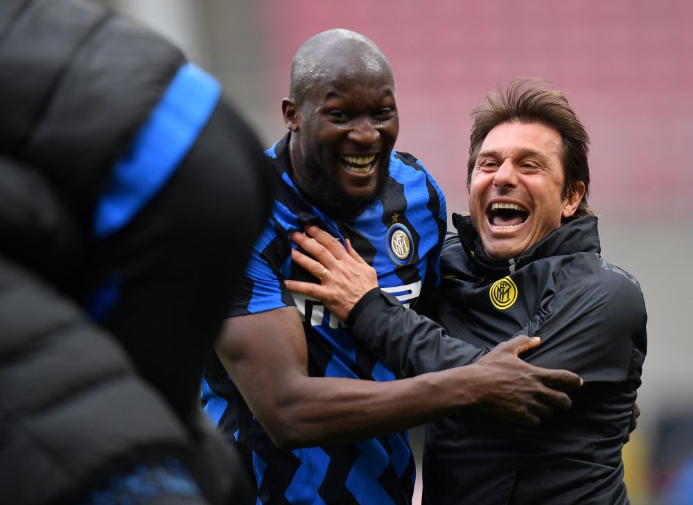 Inter Milan coach Antonio Conte and striker Romelu Lukaku celebrate a goal against Cagliari at the San Siro, Milan April 11, 2021.u00e2u20acu201d Reuters pic