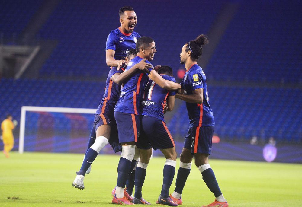 JDT players celebrate a goal against PJ City at the Sultan Ibrahim Stadium in Johor April 10, 2021. u00e2u20acu201d Bernama pic