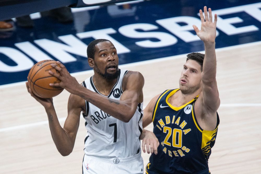 Brooklyn Nets forward Kevin Durant (7) shoots the ball while Indiana Pacers forward Doug McDermott (20) defends in the third quarter at Bankers Life Fieldhouse April 29, 2021. u00e2u20acu201d Reuters picnn