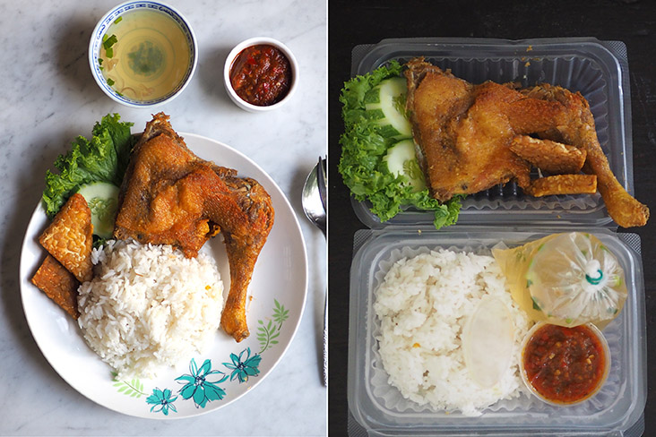 For lunch or dinner, select their 'ayam penyet' is served with a tasty 'sambal' and fried 'tempe'(left). Your takeaway of 'ayam penyet' is neatly packed with the 'sambal' and soup in separate packets (right).