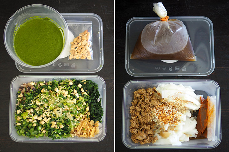 You can save 50 sen if you use your own takeaway container for 'lei cha' that is served with the green tea paste on the side (left). Try their Ipoh-style 'chee cheong fun' with minced pork, mushrooms and a light tasting sauce (right)