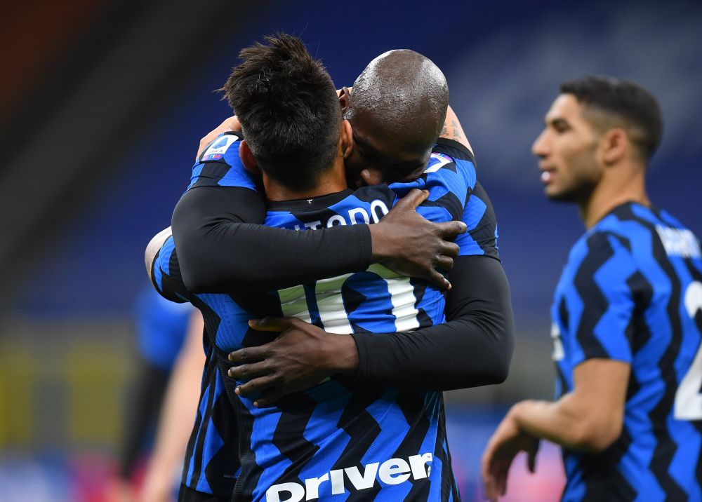 Inter Milan's Lautaro Martinez celebrates scoring their second goal against Sassuolo with Romelu Lukaku at the San Siro April 7, 2021. u00e2u20acu201d Reuters picn