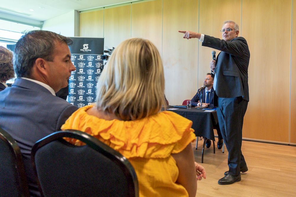 Prime Minister Scott Morrison is seen during a Community Forum in Perth, Thursday, April 15, 2021. u00e2u20acu201d AAP Image/Richard Wainwright via Reuters