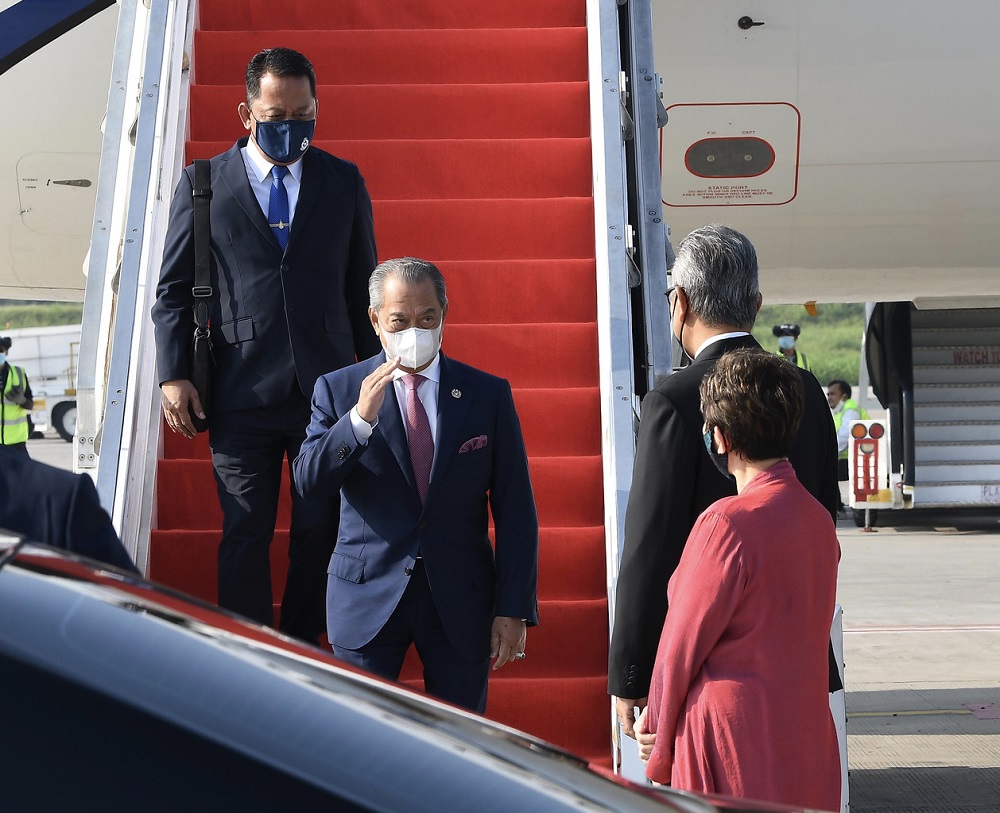 Perdana Menteri Tan Sri Muhyiddin Yassin arrives at the Soekarno-Hatta Airport in Jakarta April 24, 2021. u00e2u20acu2022 Bernama pic