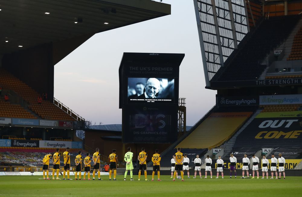 Sheffield and Wolverhampton players observe a minute's silence on the day of the funeral of Britain's Prince Philip at the Molineux Stadium, Wolverhampton April 17, 2021. u00e2u20acu201d Reuters pic