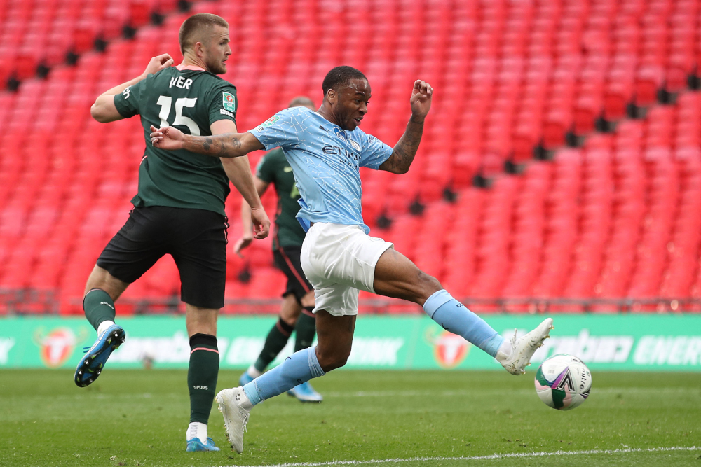 Manchester City midfielder Raheem Sterling shoots but fails to score during the English League Cup final football match between Manchester City and Tottenham Hotspur at Wembley Stadium, north-west London April 25, 2021. u00e2u20acu201d AFP pic 