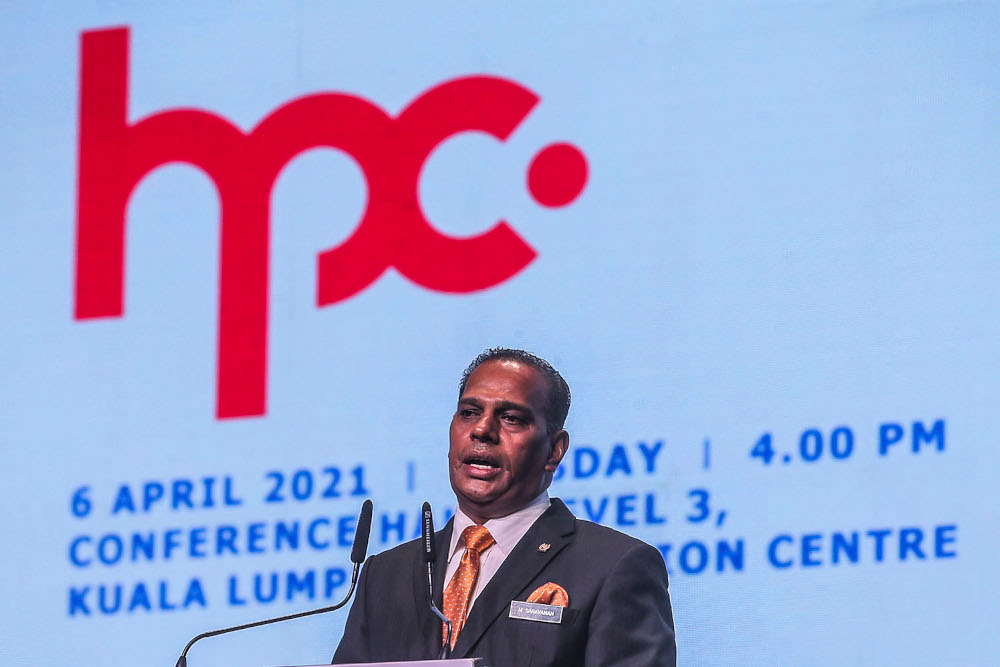 Human Resources Minister Datuk Seri M. Saravanan giving his opening speech during the launch of HRDF Placement Centre in Kuala Lumpur Covention Centre April 6, 2021. u00e2u20acu2022 Picture by Hari Anggaran