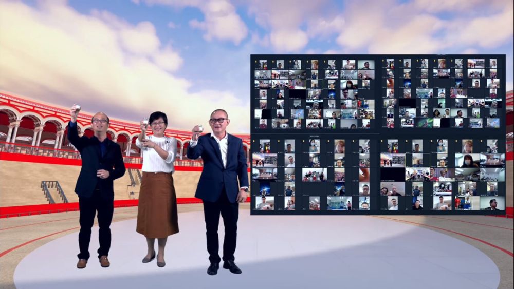 (From left) Sharp assistant general manager Heng Tek Hock, finance director Irene Tiew, and deputy managing director Tok Sang Man toasting with Sharp dealers in a virtual u00e2u20acu02dcyam sengu00e2u20acu2122 session. u00e2u20acu201d Picture courtesy of Sharp