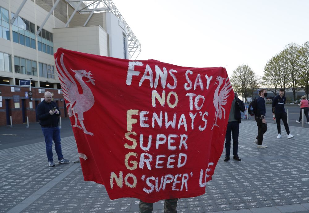 Liverpool fans protest the planned European Super League outside Elland Road before the match between Leeds United and Liverpool April 19, 2021. u00e2u20acu201d Reuters pic