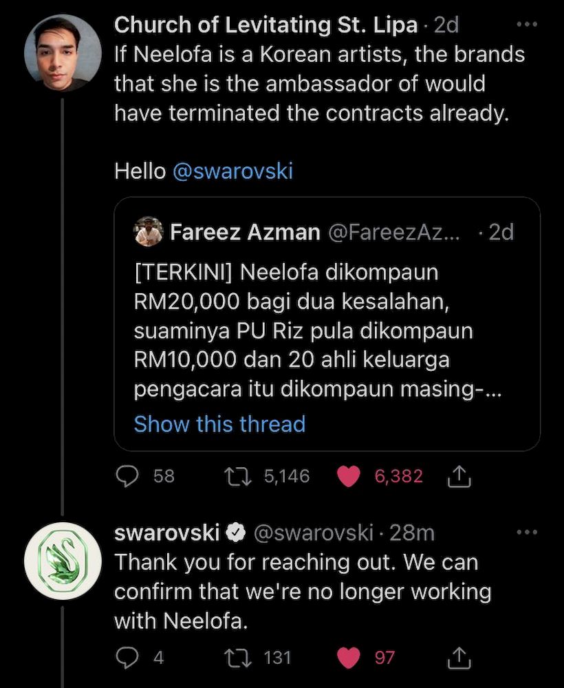 A screenshot of Swarovski’s reply to a Twitter user asking the brand to boycott the Malaysian celebrity. — Photo from Twitter/@pineabul