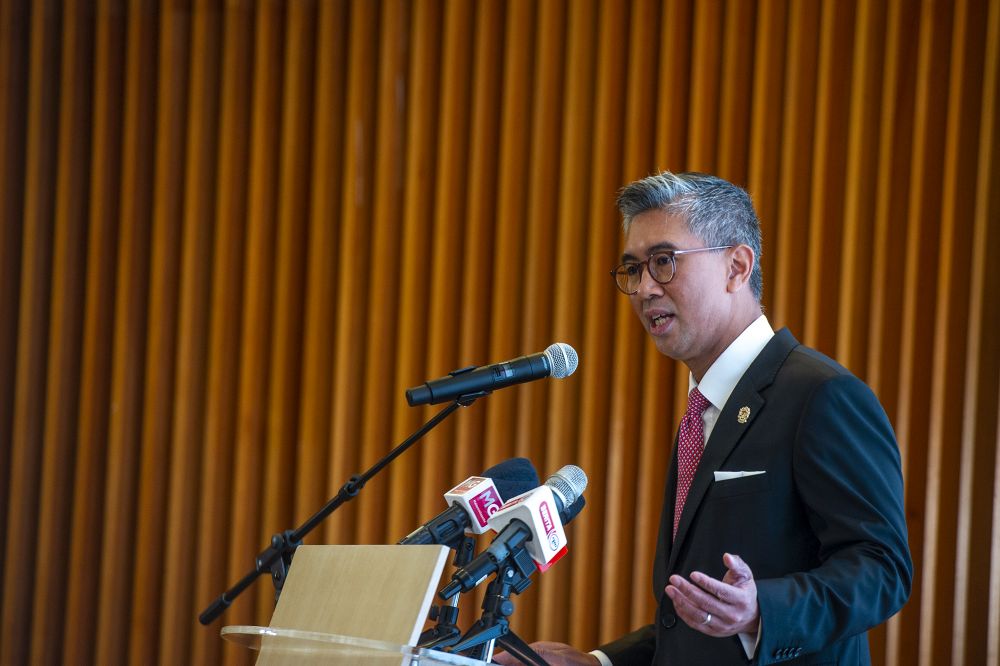 Datuk Seri Tengku Zafrul Abdul Aziz delivers his speech during a special press conference at the Finance Ministry, Putrajaya April 26, 2021. u00e2u20acu201d Picture by Shafwan Zaidon 