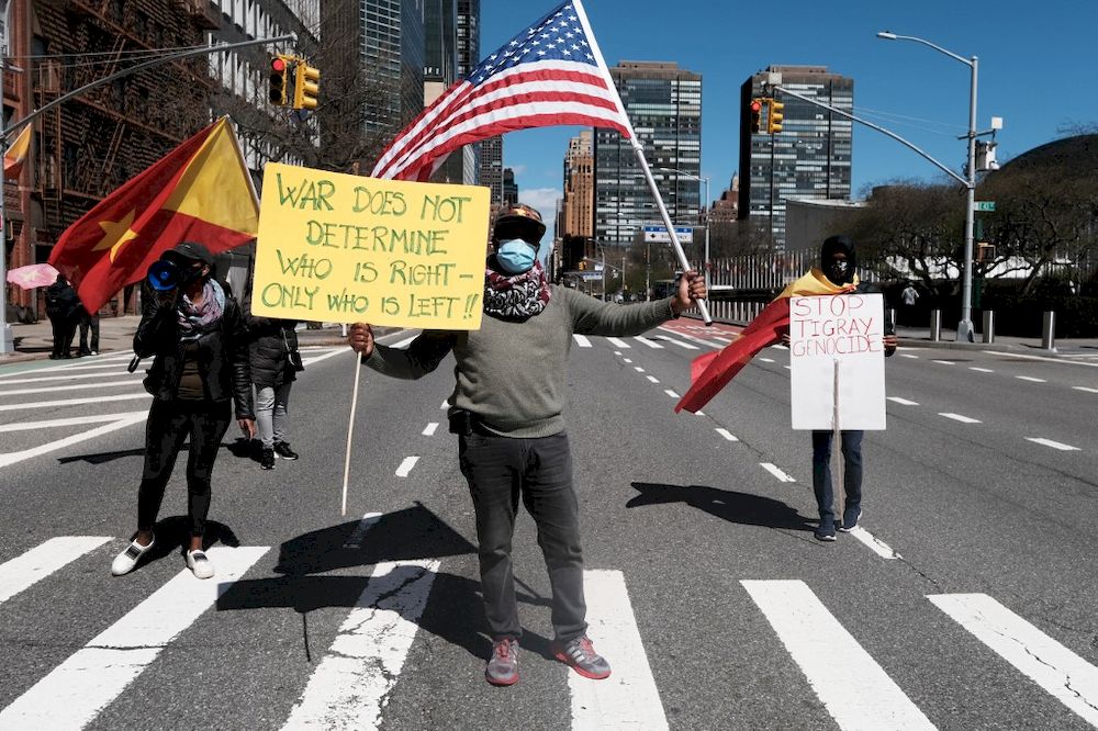 A small group of Tigray protesters gather outside of the United Nations (UN) on March 29, 2021 in New York City. u00e2u20acu201d Getty Images via AFP