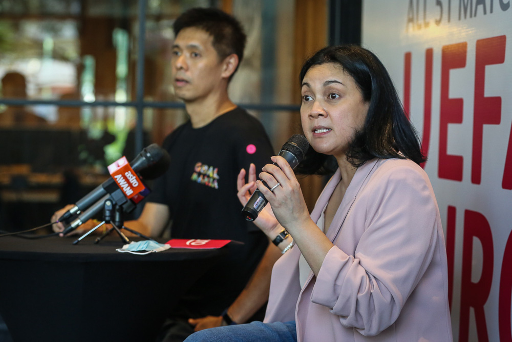 Astro Commercial Director Azlin Arshad speaks during a press conference at the launch of the Astro Kick-Off Campaign for UEFA Euro 2020 at Sunway Pyramid April 1, 2021. ― Picture by Yusof Mat Isa