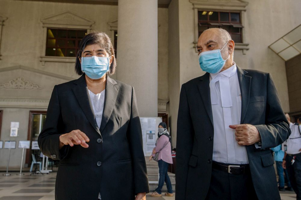 Lawyers Datuk Ambiga Sreenevasan and Gurdial Singh Nijar are pictured at the Kuala Lumpur Court Complex April 19, 2021. — Picture by Firdaus Latif
