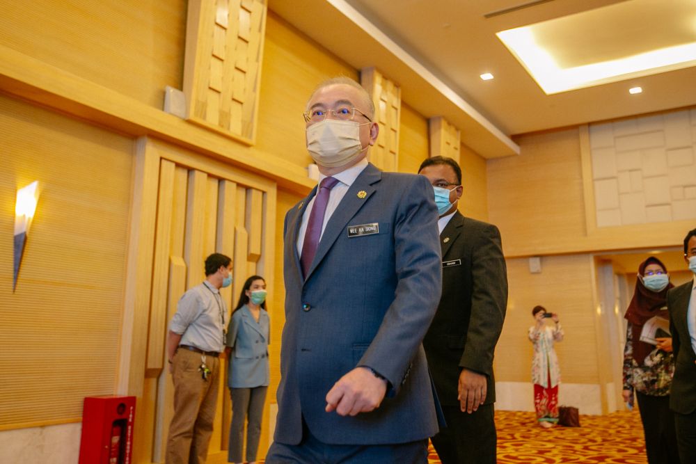 Transport Minister Datuk Seri Wee Ka Siong arrives for a press conference in Putrajaya April 5, 2021. u00e2u20acu201d Picture by Firdaus Latif