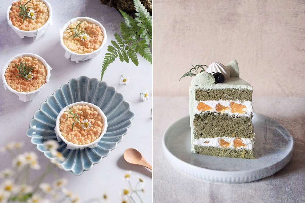 Two of Liangren Pastry’s signatures: Peach Kuchen (left) and Matcha Tangerine Cake (right).