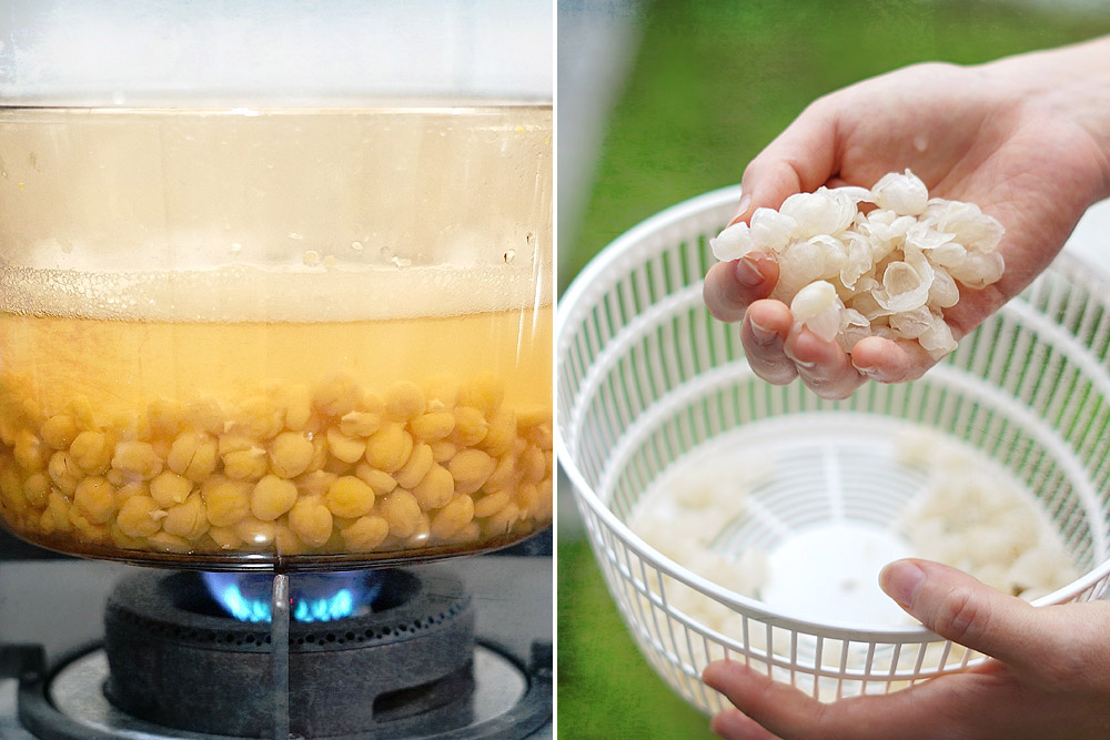 The chickpeas are then boiled before having their now softened skins removed.