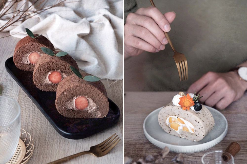 Past editions of the Weekend Dessert Box featured both the Chocolate Strawberry Roll (left) and the Earl Grey Mango Roll (right).