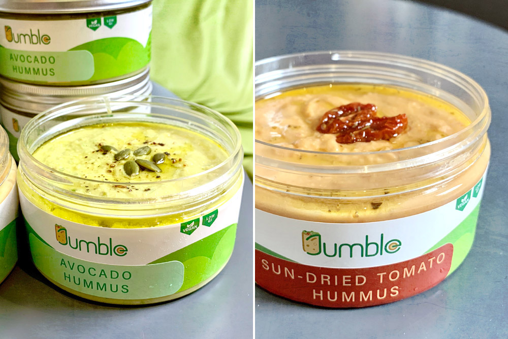Avocado (left) and Sun-Dried Tomato (right) hummus flavours.