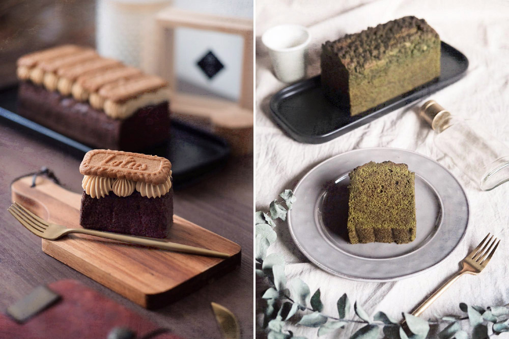 Chocolate Mud Cake with Lotus Biscoff (left). Uji Matcha Pound Cake (right).