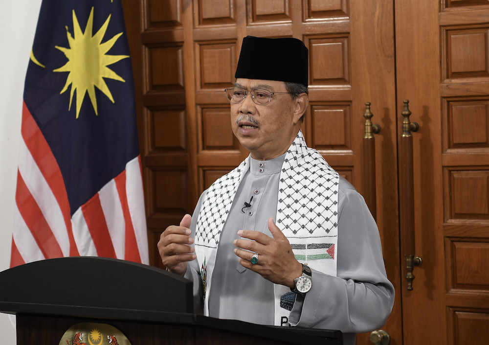 Prime Minister Tan Sri Muhyiddin Yassin speaks during the Special Message on Issues on Palestine which was broadcast live today, May 15, 2021. u00e2u20acu201d Bernama pic