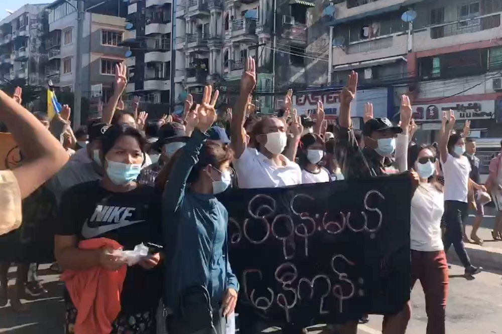 People protest in Hlaing Township, Yangon, Myanmar May 2, 2021, in this still image from a video obtained by Reuters. u00e2u20acu201d Reuters pic