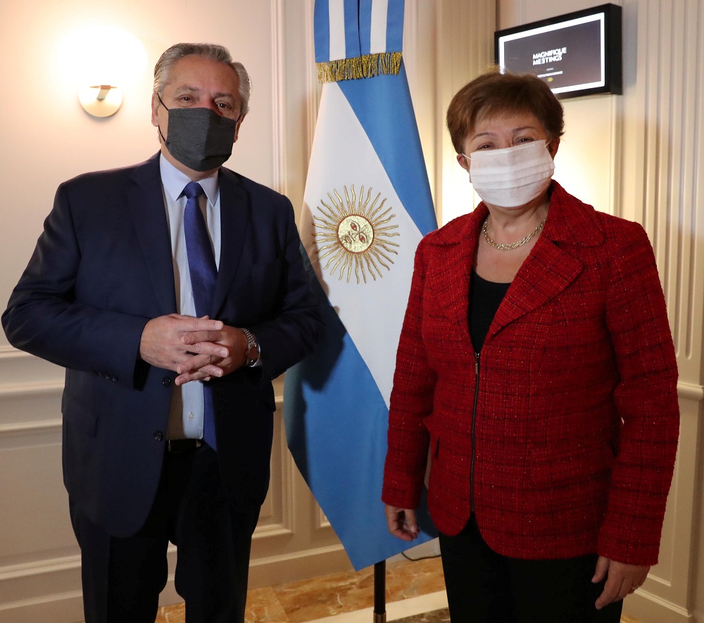 Argentina's President Alberto Fernandez poses next to International Monetary Fund Managing Director Kristalina Georgieva, at the Sofitel hotel in Rome May 14, 2021. u00e2u20acu201d Argentine Presidency/Handout via Reuters