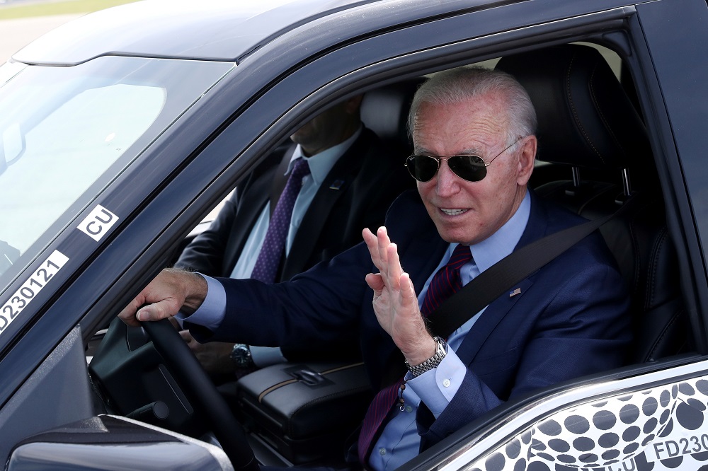 US President Joe Biden waves as he tests the new Ford F-150 lightning truck as he visits VDAB at Ford Dearborn Development Centre in Dearborn, Michigan May 18, 2021. u00e2u20acu201d Reuters pic
