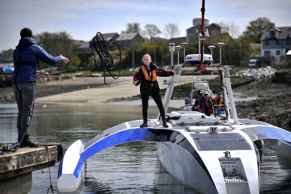 The 50-foot trimaran, Mayflower 400, which weighs nine tonnes and navigates with complete autonomy, is preparing for a transatlantic voyage. u00e2u20acu201d AFP pic