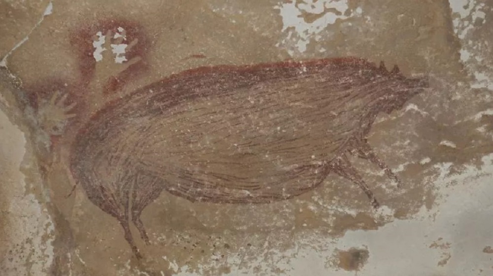 This rock painting found in a cave on the island of Sulawesi, Indonesia, is the oldest known in the world. It represents a wild boar and dates from at least 45 500 years ago. u00e2u20acu201d  Picture by Maxime Aubert, Griffith University via AFP