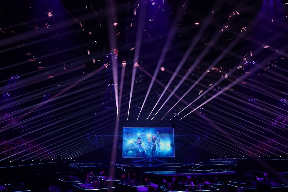 The pre-recorded performance of Australiau00e2u20acu2122s Montaigne is projected on a screen during the first semi-final of the 65th edition of the Eurovision Song Contest 2021, at the Ahoy convention centre in Rotterdam May 18, 2021. u00e2u20acu201d AFP pic