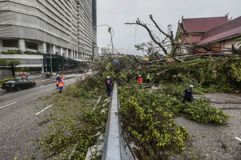 Malaysian Civil Defence Force (APM), Kuala Lumpur City Hall (DBKL) and highway maintenance workers were clearing fallen trees during heavy rain at Jalan Travers in front of the National Museum May 27, 2021. — Picture by Hari Anggara
