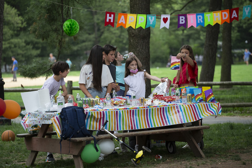 Kids celebrate a birthday party in Central Park in New York on May 22, 2021. u00e2u20acu201d AFP pic